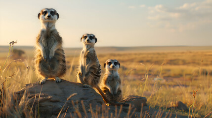 A family of meerkats standing guard in the African savanna