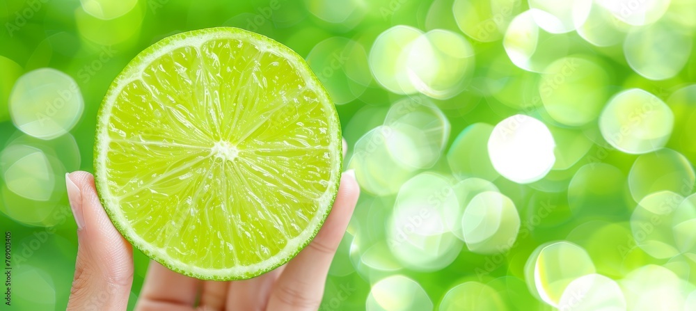 Poster fresh tangy lime in hand, assorted limes on blurred background with space for text