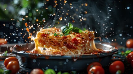 Hot Lasagna Dish with Steam - obrazy, fototapety, plakaty