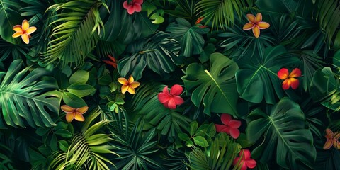 Obraz na płótnie Canvas A lush tropical foliage pattern, featuring exotic flowers, dense jungle leaves, reflecting the untouched natural beauty created with Generative AI Technology