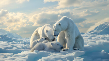 A family of polar bears playing in the Arctic snow