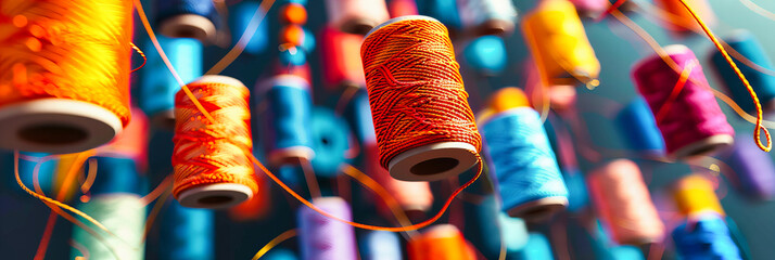Colorful Spools of Thread and Fabric Rolls, Tailoring and Sewing Craft Supplies on a Bright Background
