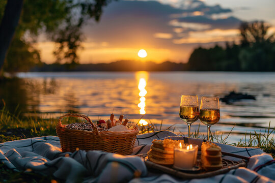A romantic lakeside picnic scene set against a calming sunset with wine glasses and a cozy blanket