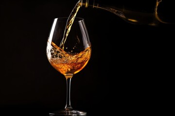 Crystal clear wine glass being filled with a stream of amber wine, showcasing the beauty of the pour. Pouring Amber Elixir