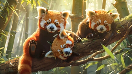 A family of red pandas playing in the branches of a bamboo forest