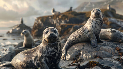 A family of seals lounging on a rocky beach