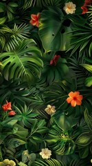 Fototapeta na wymiar A lush tropical foliage pattern, featuring exotic flowers, dense jungle leaves, reflecting the untouched natural beauty created with Generative AI Technology