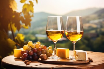 Two glasses of amber wine served with assorted cheeses and grapes, outdoors at sunset. Amber Wine with Cheese Board Outdoors