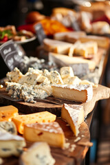 Artisanal cheese assortment on a rustic shop display. Gourmet food and cheese market concept. Image for catering service marketing, culinary workshop advertising, and festive banquet planning.