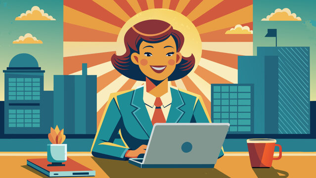 happy business woman with laptop pop art retro sty 