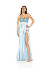 Full length of gorgeous elegant sensual brunette woman wearing fashion blue evening dress isolated on white background