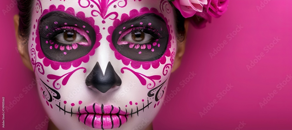 Poster day of the dead skeleton face painting background with ample space for text placement