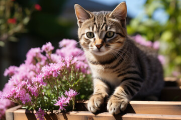 Obraz premium Cute tabby kitten sitting on wooden bench with flowers in garden illuminated by bright sun