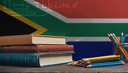 Books with pencils on the background of the South Africa flag. Concept of school education, higher education, training courses.