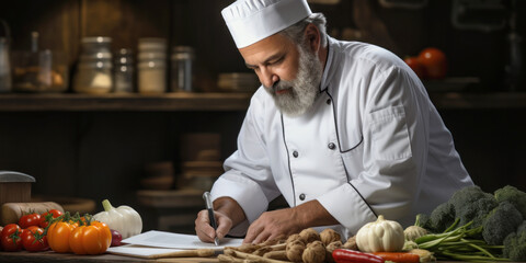 bearded chef writing recipe notes on paper while cooking in kitchen