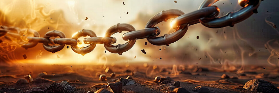 Concept of Breaking Chains, Freedom from Restriction, Metallic Links Against a White Background