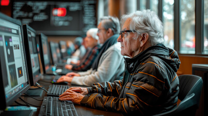 A row of senior adults is intently focused on computer screens while attending a computer class, demonstrating their enthusiasm for embracing modern technology.
