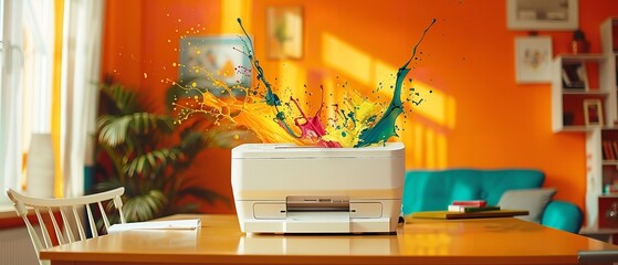 a digital artwork featuring a minimalist office with a white printer against a vibrant orange wall