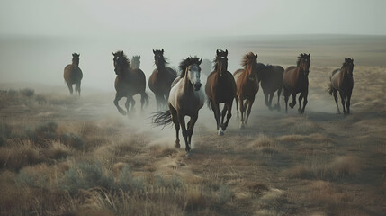 A group of wild horses galloping across an open plain