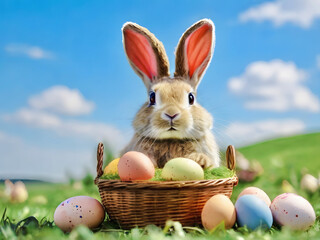 Easter bunny and Easter eggs on green grass