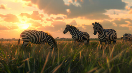 A group of zebras grazing peacefully on the grasslands