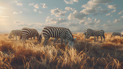 A group of zebras grazing peacefully on the grasslands
