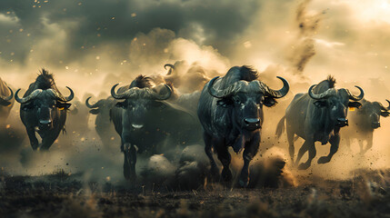 A herd of buffalo kicking up dust as they stampede - obrazy, fototapety, plakaty