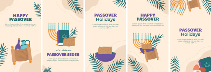 Hand drawn instagram stories collection for jewish passover celebration - obrazy, fototapety, plakaty