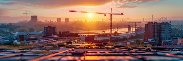 Construction Crane Silhouettes at Dusk, Urban Development and Building Site, Industrial Skyline