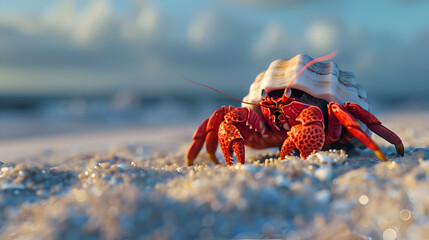 A hermit crab exploring its sandy beach habitat - obrazy, fototapety, plakaty