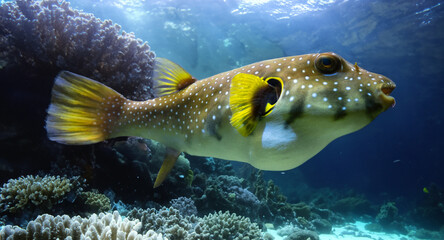 Yellow boxfish (Ostracion cubicum) is a species of boxfish found in reefs throughout the Pacific...
