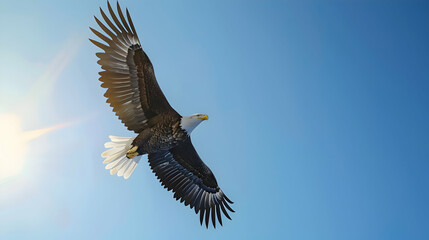 A majestic bald eagle soaring through a clear blue sky