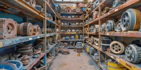 Assorted collection of industrial alternators on vintage workshop shelves - obrazy, fototapety, plakaty
