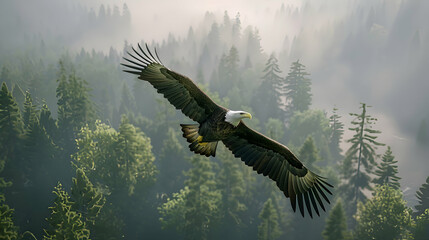 A majestic eagle soaring high above the forest canopy