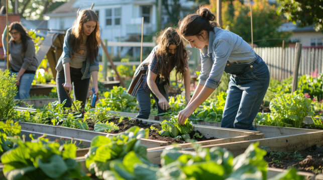 Youths tend to a community garden, working together among the raised vegetable beds.