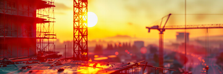 Construction Site at Sunset, Industrial Silhouette against Vibrant Sky, Development and Engineering Concept