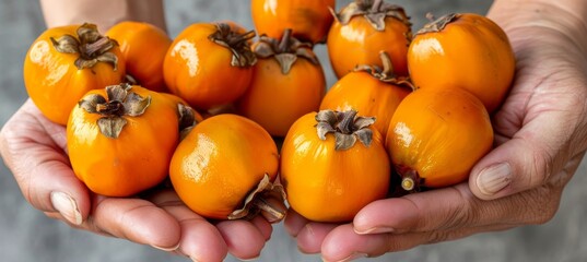 Ripe persimmon held in hand with blurred background, perfect persimmon selection with space for text