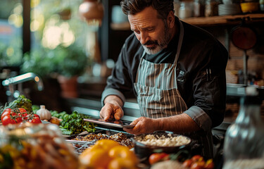 An experienced chef intently uses a tablet amidst a spread of fresh ingredients and dishes,...