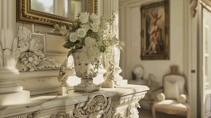 Elegant Floral Arrangement on Table, Luxurious Interior Design with White Flowers and Green Leaves, Stylish Home Decor