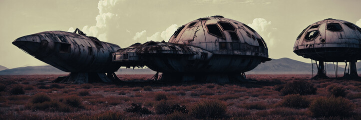 An abandoned spaceship on an alien planet, rusted metal, broken windows, overgrown vegetation reclaim the vessel. Generative AI.