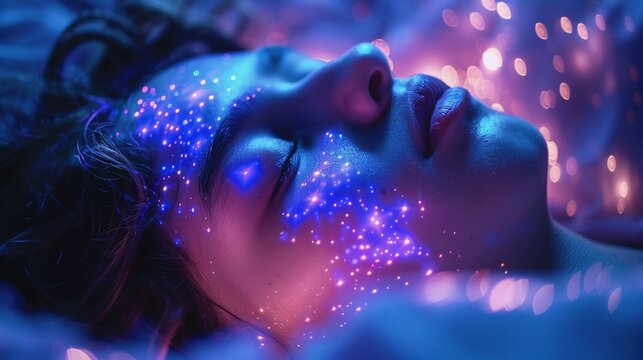 Sleep meditation session, gentle voice guiding relaxation, quiet room, restful night , vibrant