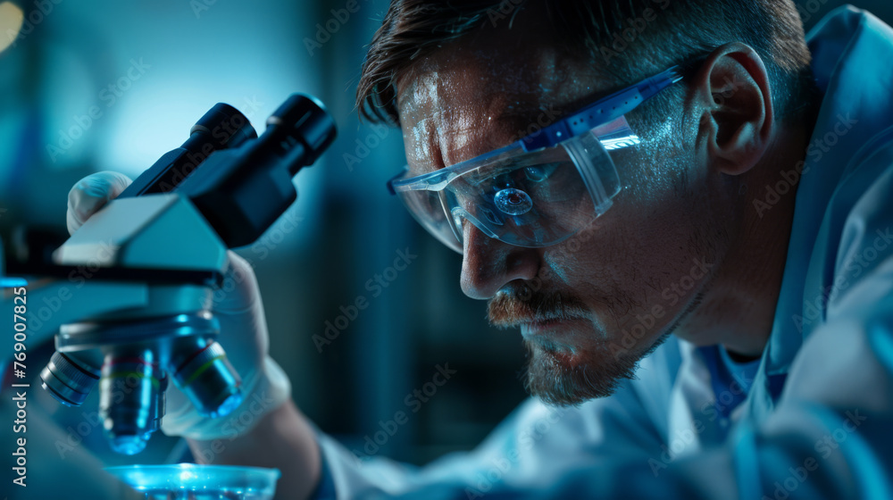 Poster a scientist peers through a microscope in a dimly lit lab.