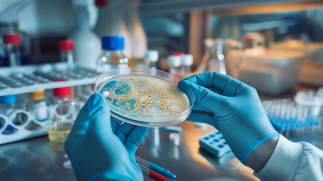 Scientist Examining Bacterial Colonies in Petri Dish