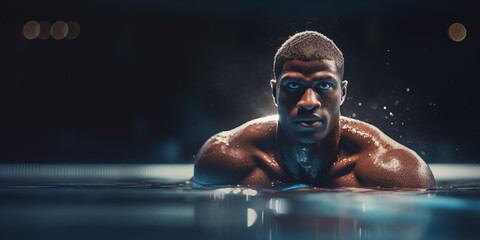 Fototapeta na wymiar Handsome black man swimmer athlete. Sports, diversity and inclusion concept. Related to the themes of spotlight moment, record, breakthrough, milestone, legacy, legend, icon, hero, superstar