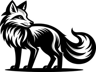 Fototapeta premium Vector illustration capturing a fox with its bushy tail and alert expression in black and white, emphasizing its cunning and agility