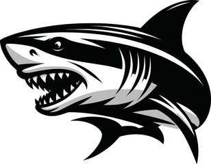 Capturing the sleek form and sharp teeth of a shark with its mouth open, this vector illustration is rendered in striking black and white