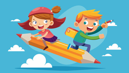 illustration of cartoon boy and girl flying on a p