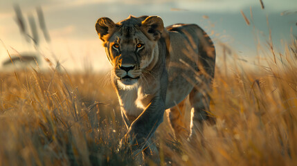 A majestic lioness prowling through the savannah - obrazy, fototapety, plakaty