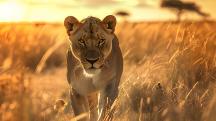 A majestic lioness prowling through the savannah