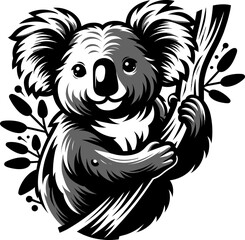 Black and white vector illustration showing a peaceful koala clinging to a eucalyptus branch